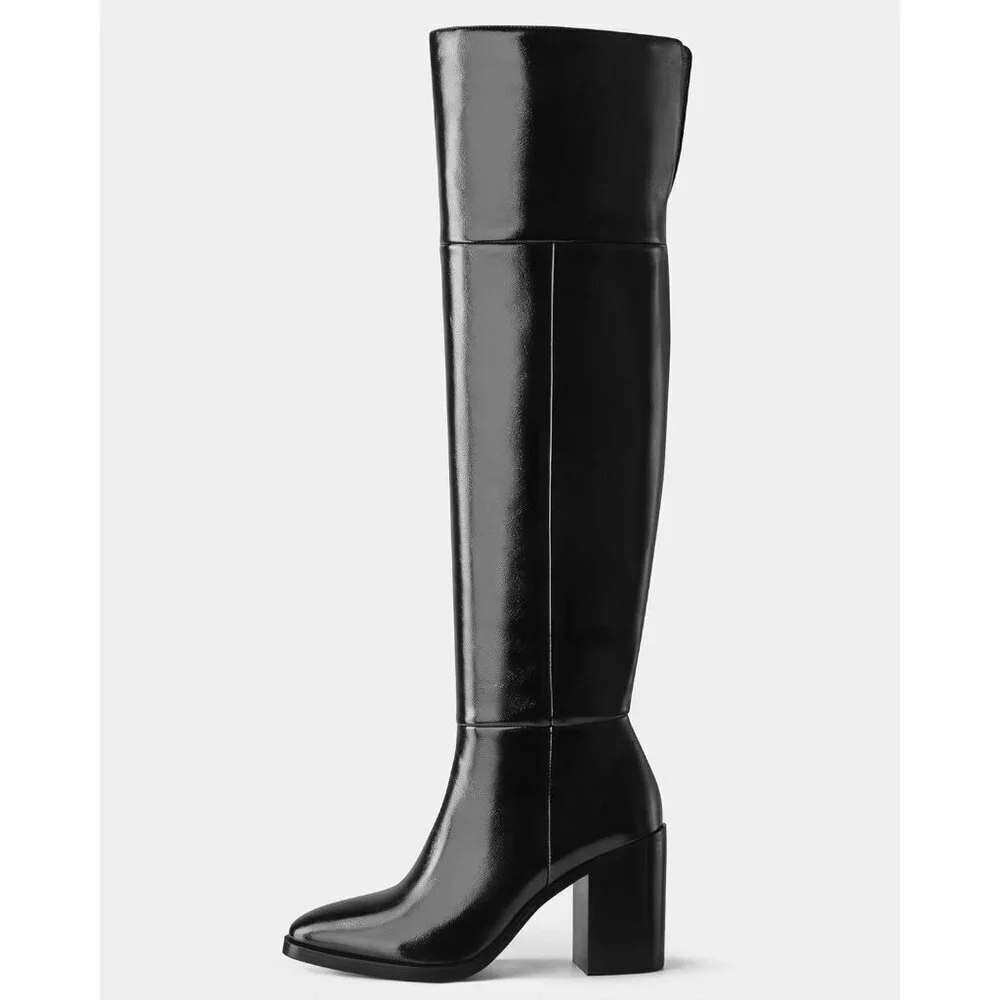 Women Black Pu Over the Knee Square Toe Chunky Heel Patent Leather Long Boots